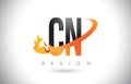 CN C N Letter Logo with Fire Flames Design and Orange Swoosh.