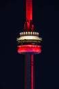 The CN Tower lit up for Valentines Day with red lights and a heart display