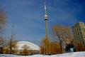 CN Tower and the Roger Centre During Winter Royalty Free Stock Photo