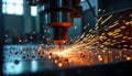 CNC lathe high speed metal cutting process. Smart factory automation. Modern industrial tech. Future manufacturing concept. AI