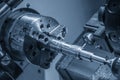 The CNC lathe machine slot cutting by the milling turret. Royalty Free Stock Photo