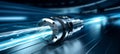 Cnc lathe tool spinning fast, cutting edge glowing, sharply focused for precision work
