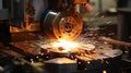 Cnc lathe tool spinning fast, with cutting edge slightly glowing, in sharp focus for precision work