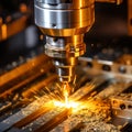 Cnc lathe tool spinning fast, glowing cutting edge in sharp focus for optimal search relevance