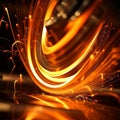 Cnc lathe tool spinning fast with glowing cutting edge, sharply focused for precision machining
