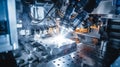 CNC machine in action in a factory setting, cutting a piece of metal with sparks flying, indicating intense work