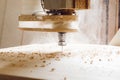 Cnc machine working, cutting wood. Woodwork industry. Royalty Free Stock Photo