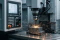 Cnc milling machine with bright sparks and modern control panel. Automation manufacturing process and industrial technology Royalty Free Stock Photo