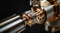 Close-up of a CNC milling machine demonstrating precision engineering in rustic silver and gold against a dark background with oil