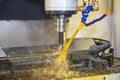 The CNC milling machine rough cutting the mold and die parts with oil coolant. Royalty Free Stock Photo