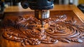 CNC Router Creating Ornate Floral Design on Wood Surface, Modern Craftsmanship in Action