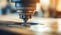 CNC Router Precision Close-Up of Tool Cutting Wood With Accomplished Blurred Background