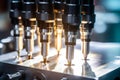 Cnc tool holder with assorted specialized tools reflecting bright machine light, enhancing precision