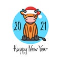 CNY logo Ox in the Santa Claus hat of 2021 Chinese new year symbol, cute cartoon baby bull, child illustration for holiday Happy Royalty Free Stock Photo