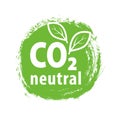 CO2. Carbon Neutral zero emission icon logo for climate change and green energy campaign. Eco green friendly sticker on grunge b