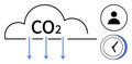 CO2 Cloud with Downward Arrows, User Icon, and Clock Representing Carbon Emissions and Time Impact Royalty Free Stock Photo