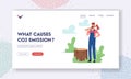 Co2 Emission Causes Landing Page Template. Man Logger Cutting Trees. Lumberjack Character with Axe on Shoulder in Forest