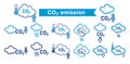 CO2 emission reduction, carbon dioxide greenhouse gas reduce icon set. Low carbonic air pollution. Smog cloud. Line vector