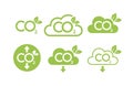 CO2 emission reduction neutrality concept icon set. Cloud shape banners with zero footprint, CO2 neutral. Green eco