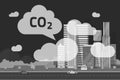 CO2 emissions by big city vector illustration, flat cartoon urban scene or carbon dioxide emission or pollution clouds