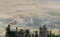 CO2 emissions. CO2 greenhouse gas emissions from factory chimneys. Carbon dioxide gas global air climate pollution. Carbon dioxide Royalty Free Stock Photo