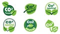 co2 neutral green logo set with leaves. Eco friendly sigh, carbon decrease, package ison concept.