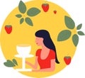 Vector Illustration Artwork Red topÂ woman is cheerful and seated with strawberries and leaves.