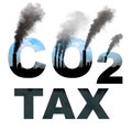 co2 tax text, large factory chimneys - pollution concept on white backdrop, isolated - industrial 3D illustration