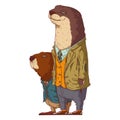 Co-workers, isolated vector illustration. Anthropomorphic otter and beaver standing in profile