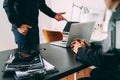 co working meeting,two businessman using VOIP headset with latop computer on desk in modern office as call center and customer se Royalty Free Stock Photo