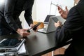 co working meeting,two businessman using VOIP headset with latop computer on desk in modern office as call center and customer se Royalty Free Stock Photo