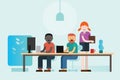 Co-working people working on their laptop together start-up company collaboration flat cartoon illustration