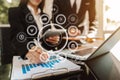 Co working process, team working.Coding software developer work with AR new design dashboard computer icons Royalty Free Stock Photo