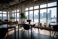 co-working space with view of a bustling city skyline or harbor