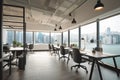 co-working space with view of a bustling city skyline or harbor