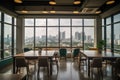 co-working space with view of a bustling city skyline or harbor