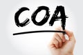 COA - Chart of Account acronym with marker, business concept background Royalty Free Stock Photo