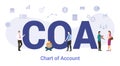 Coa chart of account concept with big word or text and team people with modern flat style - vector