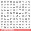 100 coach icons set, outline style