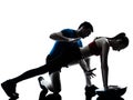 Coach man woman exercising abdominals with bosu silhouette Royalty Free Stock Photo