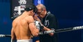 Coach Praying before the match for Antoine Pinto of France in Thai Fight Extreme 2013.