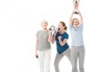 Coach and smiling sportswomen with dumbbells and trophy
