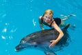 Coach swims in the water with dolphins. Royalty Free Stock Photo