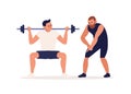 Coach training male client making squat with barbell vector flat illustration. Athletic personal trainer and man Royalty Free Stock Photo