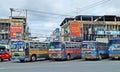 Coaches parked in a row in Thailand.