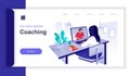 Coaching concept 3d isometric web banner with people scene. Woman listens personal consultation with mentor for business Royalty Free Stock Photo