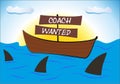 Coaching concept struggle in a boat on the sea among sharks