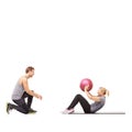 Coaching, man and woman with gym ball for fitness in studio, body wellness and support. Sports workout, fit girl and Royalty Free Stock Photo