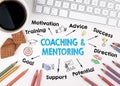 Coaching and Mentoring Concept. Chart with keywords and icons. White office desk Royalty Free Stock Photo