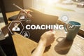Coaching and mentoring on virtual screen. Personal development concept. Royalty Free Stock Photo